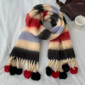 Scarves 2024 Plush Ball Brushed Warm Colorful Striped Scarf Soft And Sticky Cold Resistant Long Shawl Neck