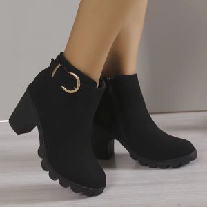 Stövlar Rimocy Autumn Winter Women's Ankle Boots 2023 High Heels Pu Leather Short Boots Women Square Heeled Soft Bottom Booties Mujer