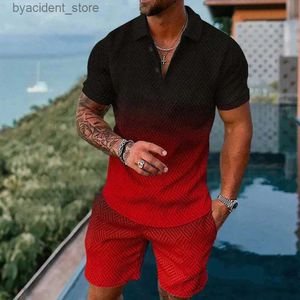 Men's Tracksuits Solid Color Gradient 3D Print Men Polo shirts Set Zipper Lapel Polo Sets Zipper Collar+Shorts 2pcs Hawaii Holiday Man Clothing L240320