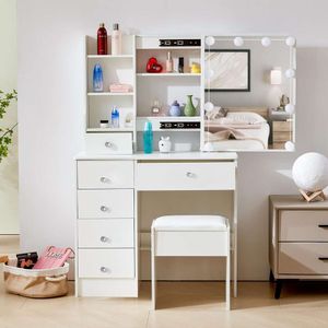 Tojump Dressing Table with Illuminated Mirrors, 5 Drawers Shees, and Soft Cushioned Stool Set (modern 39)