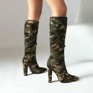 Botas de camuflagem tecida de joelho de joelho de botas femininas com múltiplos estilos de bolso de estilo cargo estilo flotilary exército botas de inverno sapatos de inverno