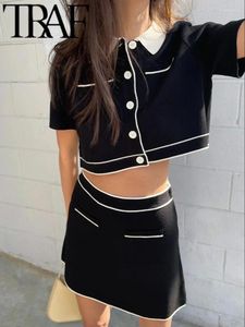 Arbetsklänningar Traf 2024 Spring Women Sticked Cardigan Suits Patchwork Kort ärm Slim Jacket Crop Top Female Mini Kjol Set Y2K