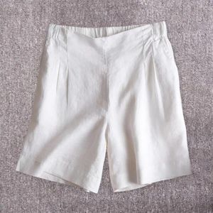 Pantaloncini da donna traspiranti a vita alta al ginocchio con tasche laterali elastiche, tinta unita morbida per l'estate