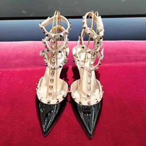 Detalhes do parafuso prisioneiro de sapato Sapatos de vestido tipo gaiola Sandálias de salto stiletto couro genuíno tira de tornozelo apontou toe bombas mulheres designer de luxo festa sapatos de noite com saco de pó