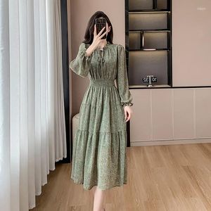 Abiti casual 2024 Primavera femminile vintage manica lunga albero commestibile Midi donna elegante abito stile signora da ufficio con lacci