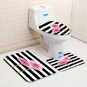 Bath Mats Set Of 3 Flowers Bathroom Rugs Floral Pink Daisy Flower Stripes Low Pile Memory Foam Mat Toilet Cover U-Shaped Carpet