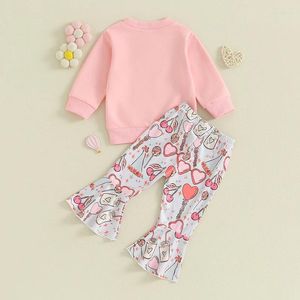Giyim Setleri Sevgililer Günü Bebek Kız Çan Alt Kıyafetler Daddy S Valentine Crewneck Sweatshirt Üst kalp baskısı parlama pantolon