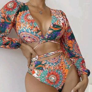 Roupa de banho feminina manga longa cintura alta biquíni brasileiro impressão étnica maiô sexy push up duas peças maiô feminino