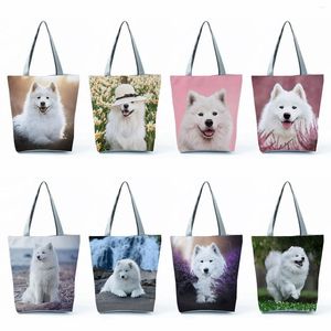 Totes Portable Cute Samoye Dog Print Handbags Casual Commuter Women's Tote Bags Travel Beach High Capacity Animal Shopping