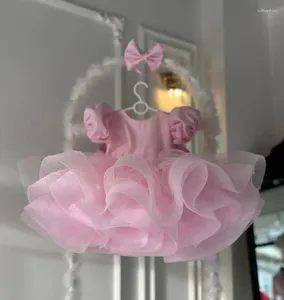 Flickaklänningar rosa tyll organza flickor med stor bågprinsessan fluffig blommaklänning födelsedagsfest pageant klänning