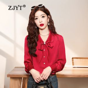 Zjyt Spring Womens Shirts and Bluses Long Sleeve Elegant Bow Collar Blusas Sweet Casual Tops Camisas Plus Size Woman Clothing 240322