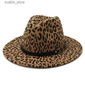 Ampla borda chapéus balde chapéus leopardo lã jazz fedora chapéus casuais mulheres cinto de couro chapéu de feltro senhoras panamá trilby feminino festa boné sombrero l240322