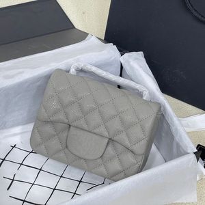 Womens Designer Caviar Leather Grey Quilted Bags Classic Mini Flap Square Purse Silver Metal Hardware Matelasse Chain Crossbody Shoulder Handbags For Ladies 17CM