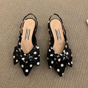 Pompalar Yaz Kadın Pompaları Moda Sığ Bowknot Slingbacks Pompalar Siyah ve Beyaz Ekose Polka Dotlar Topuklu Slipon Düşük Topuk Sandals