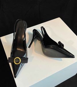 Verão de luxo feminino gianni fita sandálias sapatos medusi arco estilingue couro patente saltos stiletto apontou toe senhora bombas elegantes EU35-42