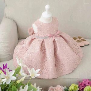 Vestidos de menina brilho pérola verão para casamento vestido de flor rosa festa princesa bebê aniversário com laço grande 2-12t