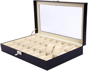 24 Slot PU Leather Watch Box Watches Case Jewelry Display Storage Organizer Box With Key Lock Glass Top Gift For Men Women MX2002183023