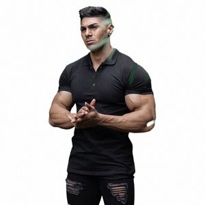 new Plain Fi Mens Short Sleeve Polo Shirts Summer Slim Fit Turn Collar Male Gym Bodybuilding Fitn Polo Shirt J37a#