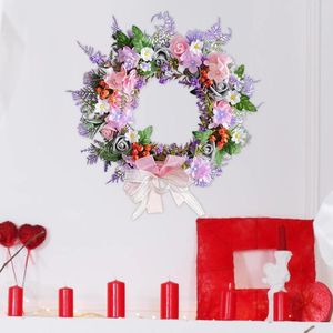 Dekorativa blommor Summerkrans med Bowknot Lätt att hänga konstgjorda gröna blad Wreath Decor för Window Wedding Wall Farmhouse år
