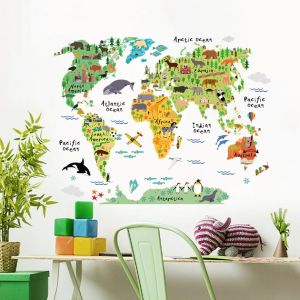 Stickers Watercolor Animals World Map DIY Wall Stickers for Boys Children Bedroom Kids Room Wall Decor Sticker for Kindergarten Classroom