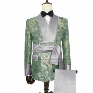 Lüks Baskı Erkekleri İnce Fit Akşam Partisi Terzi Yapılmış Fi Parlak Ceket Pantolon ve Kemer Yeni Düğün Gala Elegant Smokin Z0WJ#