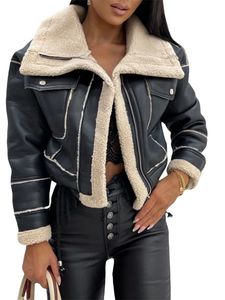 Damen Winter-Kunstlederjacke, langärmelig, Revers, Fleece-Leinenmantel, Reißverschluss, Motorradjacke, warme Oberbekleidung mit Taschen, 240311