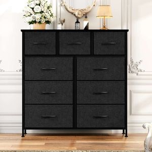 Newbulig Kumaş Dresser 9 Çekmeceler Dolaplar Göğüs Yatak Odası Ahşap üst, kalınlaştırılmış çelik çerçeve, oturma odası, koridor, giriş yolu, 9draws, siyah