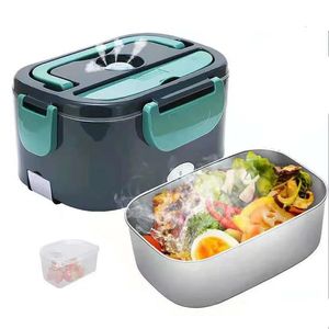 2 in1 Home Car Electric Lunch Box Food Heating Stainless Steel Bento 12V 24V 110V 220V Heated Warmer Container Set 240312
