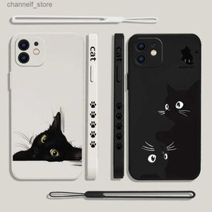 Cell Phone Cases Black Cat Cartoon Fashion Phone Case for Oneplus Nord 3 2 9R 9 8T 8 7 7T Pro 6 5G Liquid Silicone Cover with Hand StrapY240325