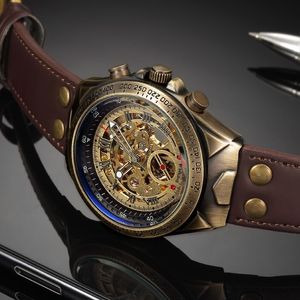 Retro Stil Männer Automatische Mechanische Uhr Skeleton Steampunk Echtes Leder Band Herren Selbstaufzug Armbanduhren Männer Reloj 20111228f