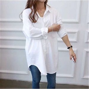 C669- White Shirt Women's Mid Length Long Sleeved Korean Edition Loose and Versatile Student Spring Base BF Shirt Large