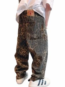 Tan leopar kot pantolon denim pantolon erkek büyük boy geniş bacak pantolon sokak kıyafeti hip hop vintage kıyafetler gevşek rahat 46jv#