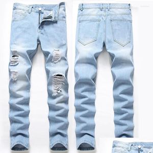 Mens Jeans Denim Hole 2023 raka byxor Summer Thin förstörde avancerade avslappnade byxor plus storlek Drop Delivery Apparel Clothing Dhdil