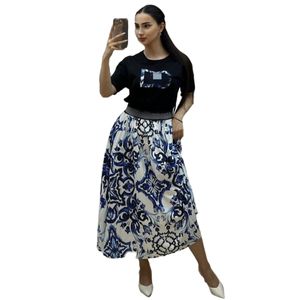 Designer Pleated Two Piece Dress Women Casual Short Sleeve T-shirt and Maxi Skirts Set Free Ship