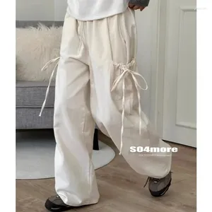 Calças femininas 2024 verão vintage coreano retro high street cintura baixa calças streetwear moda rendas bolso perna larga