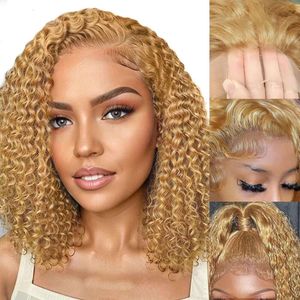 MUGOHK Honey Curly 13x4 Deep HD Front Wigs Pre Plucked with Baby #27 Color Blonde Water Wave Lace Closure Human Hair Wig 150 Density for Women 14 Inch
