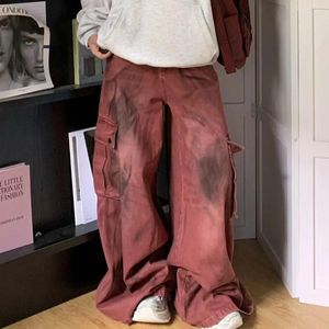 Jeans femininos americanos borgonha bolso carga mulher oversized vintage rua lavado solto casual cintura alta perna larga