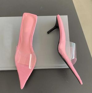 Şeffaf PVC terlik moda yüksek topuklu terlik açık hava ayakkabıları plaj terlikleri sivri terlikleri kadınlar düşük topuklu stiletto sandaletler