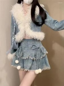 İş elbiseleri kış moda kalın 2 adet takım elbise kürk yakalı patchwork kısa denim jackethigh bel mini etek 2 adet retro kot eşleştirme setleri