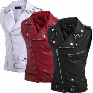 black Lapel Sleevel Vests Jacket Men's Slant Zipper Switch Vest Hem Belt Adjustable Size White/Wine Red Waistcoat M-XXXL d3sw#