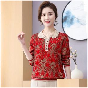 Womens Blouses Shirts Commute Turn-Down Collar Blouse Fashion Diamonds Button Spring Autumn Long Sleeve Clothing Vintage Printed Loose Ot15G