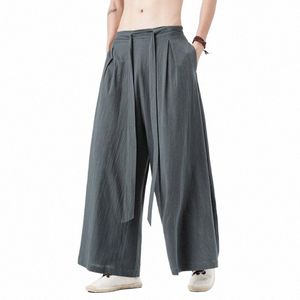 2023 Chinese Style Harajuku Linen Cott Linen Pants Man Japanese Kimo Pants Male Streetwear Summer Retro Wide-Leg Trousers N4jQ#