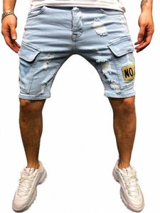 Verão novo estiramento rasgado calças de brim curtas streetwear bolso fi hip-hop azul magro denim shorts marca roupas masculinas e1Hw #