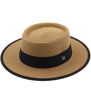 Szerokie grzbiet czapki wiadra czapki letnia słoneczna czapka moda dziewczyna prosta hat wstążka łuk na plażę kapelusz zwykły trawa płaska top Panama Hat Bone Women Visitor Hat J240325