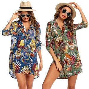 Sarongs New Beach Cover Print Bikini Cover Womens Beach Shirt Sommer Strandkleid Damen Tunika Plus Size Badebode Cover Beach Anzug 24325