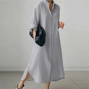 Casual klänningar damer överdimensionerad skjorta lång klänning Sommar TurnDown -krage full hylsa solid maxi mode knapp lös