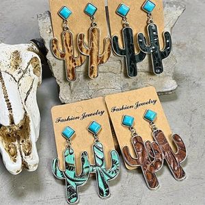 Hoop Earrings Vintage Cactus Genuines Leather Embossed Turquoise Simple Ethnic Western