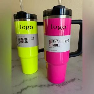 Neon Sarı Elektrikli Pembe Tumbler Saplı Yalıtımlı Paslanmaz Çelik Tumbler Kapakları ve Saman Araba Seyahat Kupaları Kahve Tulumbud Termos Cups 1: 1 Aynı