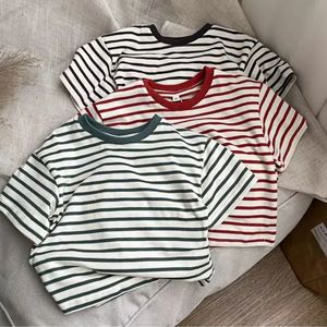 Childrens T-shirt Cotton Short Sleeve Shirts for Kids Summer Striped Boys Girls Tees Baby Bottom Outerwear Clothing 240323