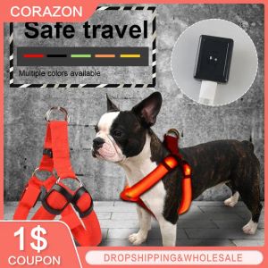 Imbracature USB Nylon Pettorina di sicurezza per animali domestici Imbracatura a LED Prodotto per cani Imbracatura per luce lampeggiante Imbracatura per cani a LED Guinzaglio Cintura di corda Collare per cani a LED Gilet